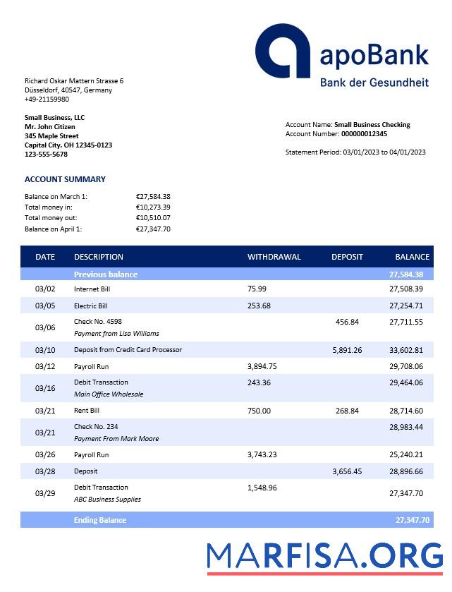 Professionell Apobank enterprise Konto Kontoauszug Word and PDF Vorlage