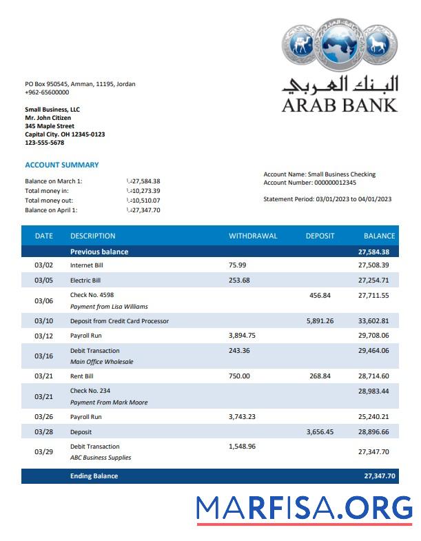 Hohe Qualität Arab Bank organization checking Konto Kontoauszug Word and PDF Vorlage