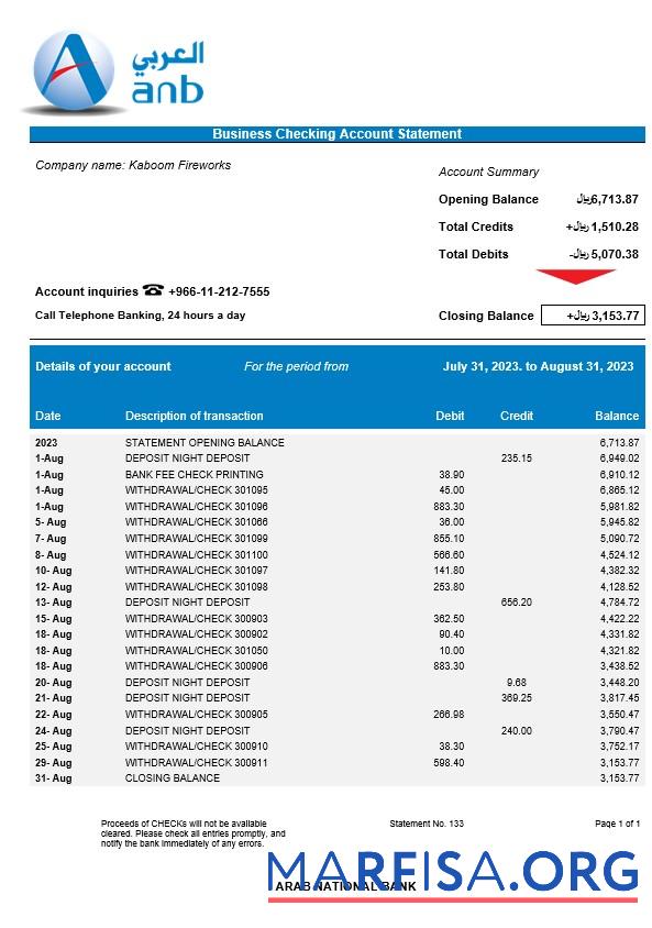Hohe Qualität Arab National Bank Unternehmen checking Konto Kontoauszug Word and PDF Vorlage