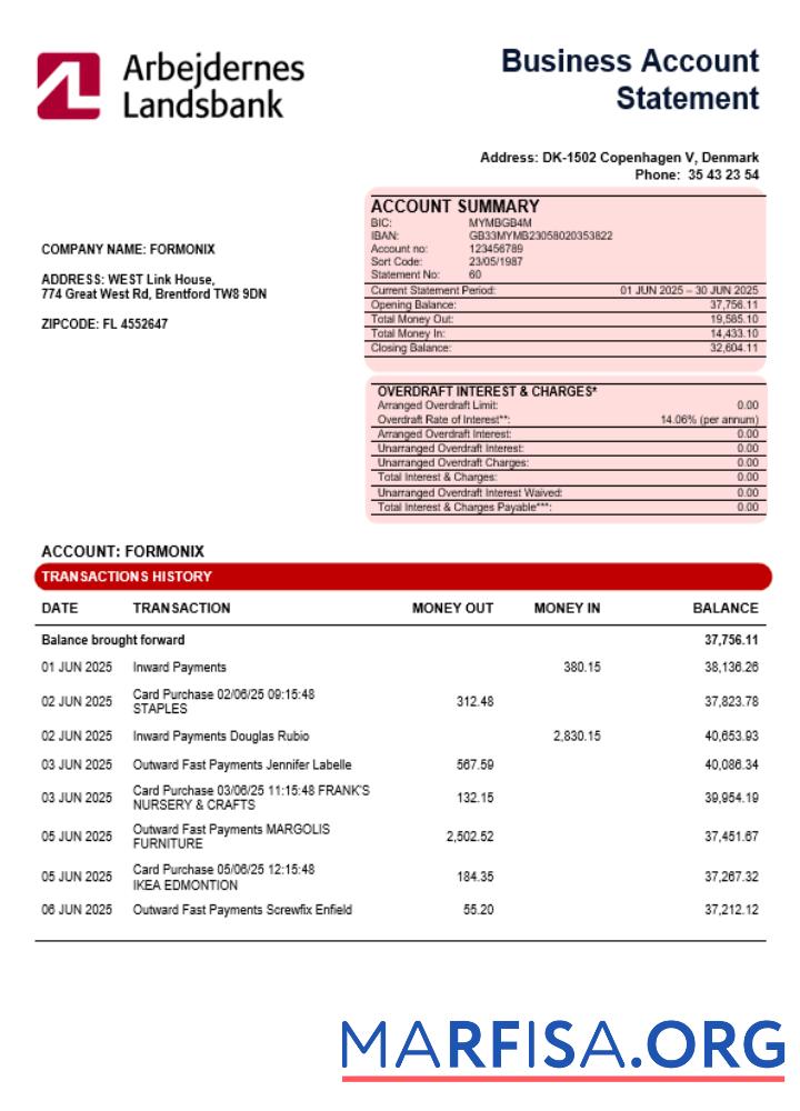 Bearbeitbar Arbejdernes Landsbank enterprise Konto Kontoauszug Word and PDF Vorlage
