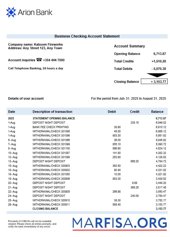 Arion Bank Geschäft organization checking Kontoauszug Word and PDF Format Vorschau