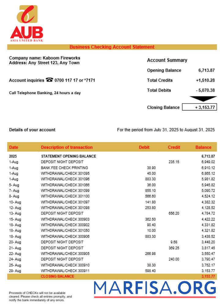 Asia United Bank (AUB) Unternehmen Kontoauszug Word and PDF Format Mockup