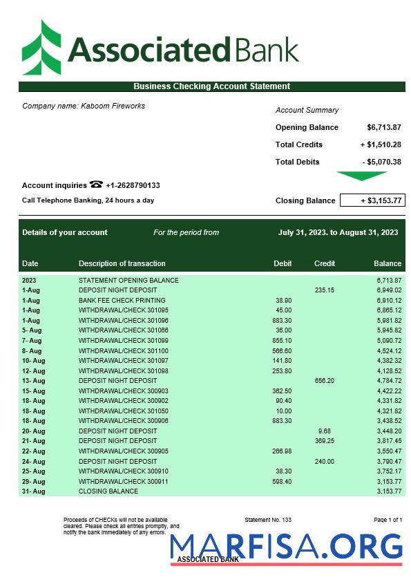 Bearbeitbar Associated Bank Geschäft Kontoauszug Word and PDF Vorlage