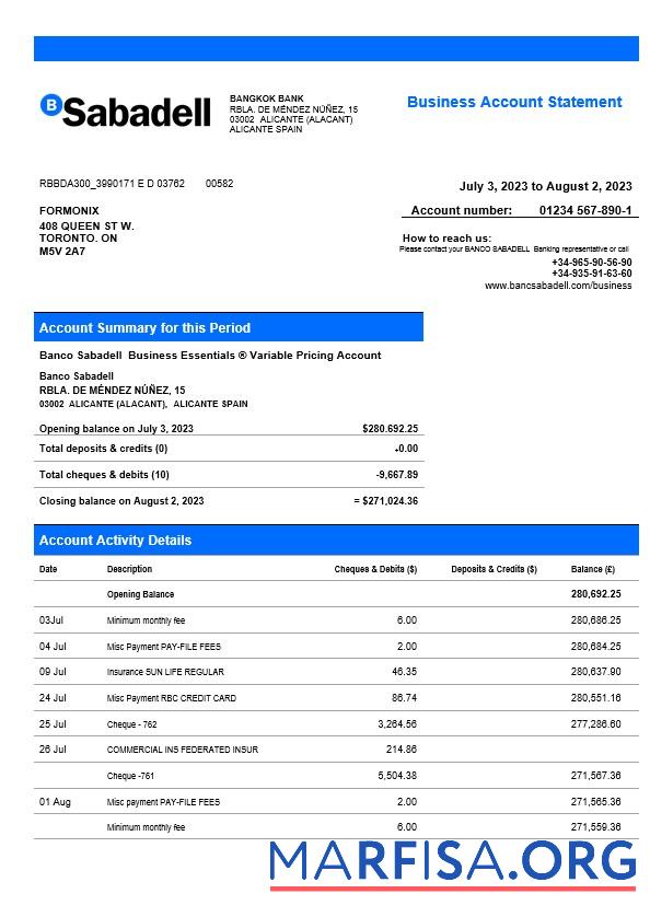 Premium BANCO Sabadell firm Kontoauszug Word and PDF Vorlage