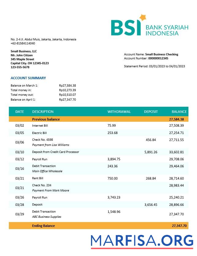 Bearbeitbar Bank Syariah Indonesien organization checking Konto Kontoauszug Word and PDF Vorlage