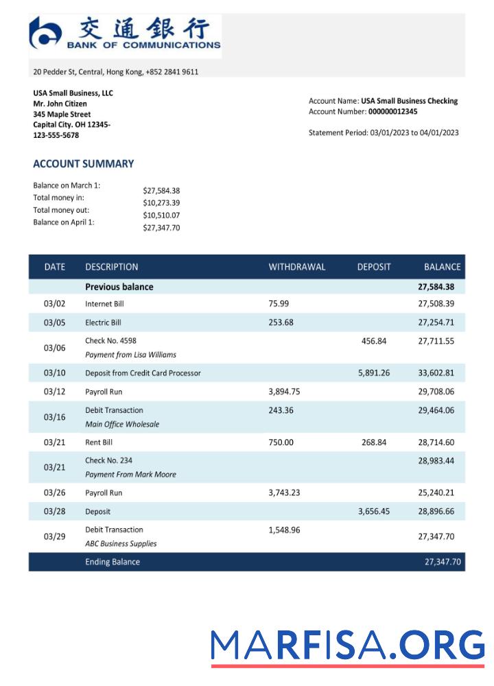 Hohe Qualität Bank of Communications Bank enterprise Konto Kontoauszug Word and PDF Vorlage