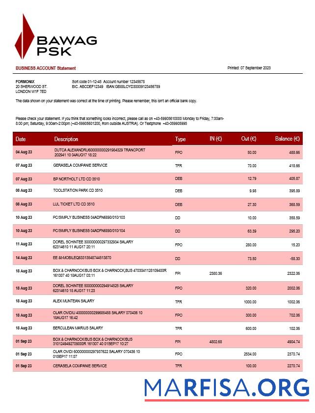 Premium BAWAG PSK Bank firm Konto Kontoauszug Word and PDF Vorlage