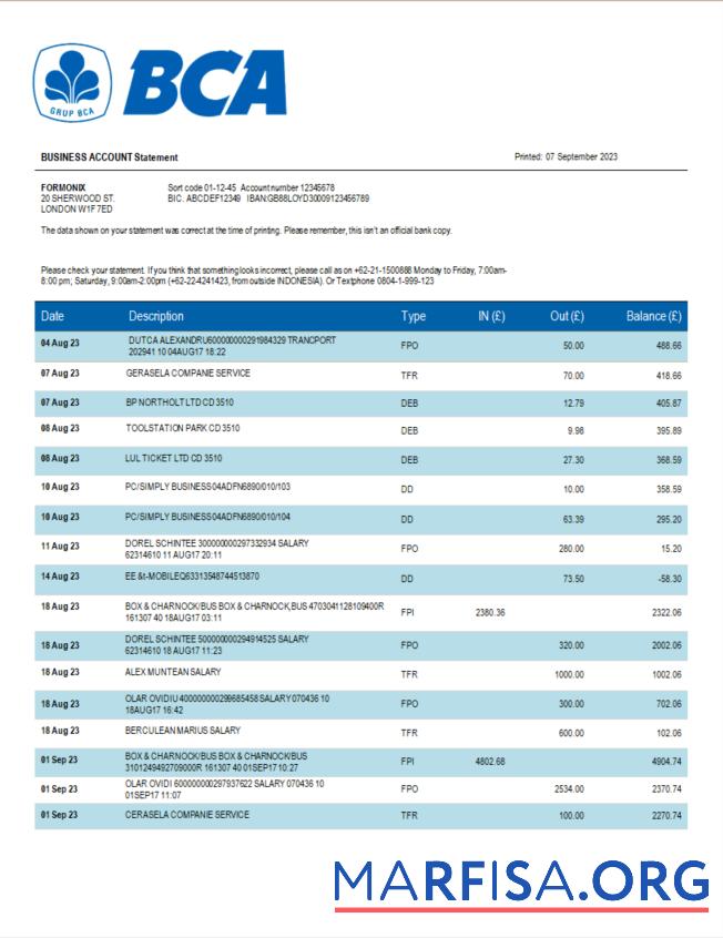 Premium BCA Bank organization Kontoauszug Word and PDF Vorlage
