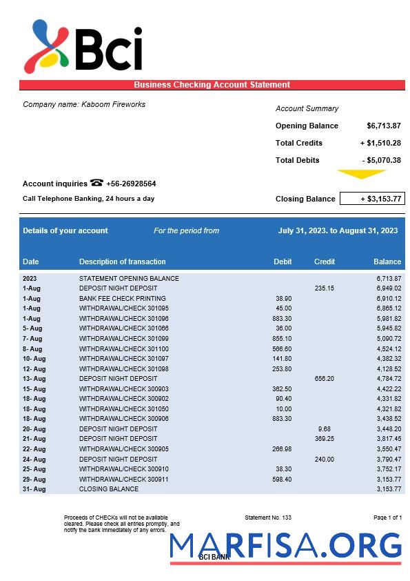 Bearbeitbar BCI Bank Unternehmen Konto Kontoauszug Word and PDF Vorlage