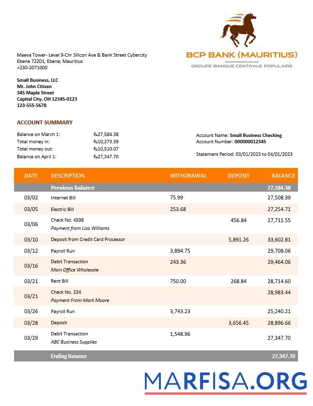 Realistisch BCP Bank enterprise Konto Kontoauszug Word and PDF Vorlage