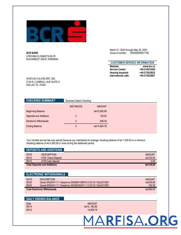Realistisch BCR Bank Unternehmen checking Konto Kontoauszug Word and PDF Vorlage