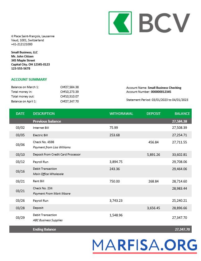 Realistisch BCV Bank Unternehmen Konto Kontoauszug Word and PDF Vorlage