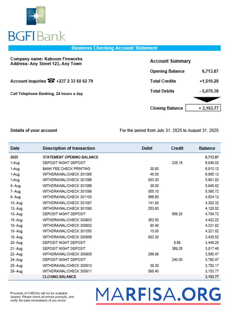 BGFI Geschäft Bank Kontoauszug Word and PDF Format Vorlage