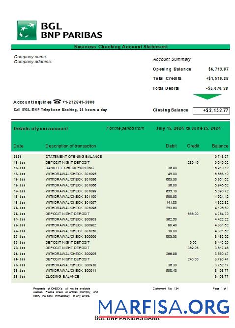 Premium BGL BNP Paribas Geschäft checking Konto Kontoauszug Word and PDF Vorlage scr