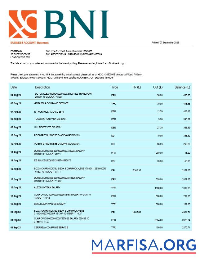 Realistisch BNI Bank firm Kontoauszug Word and PDF Vorlage