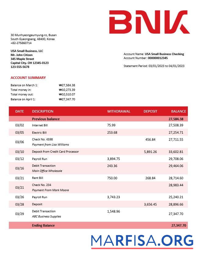 Professionell BNK Financial Group enterprise Kontoauszug Word and PDF Vorlage