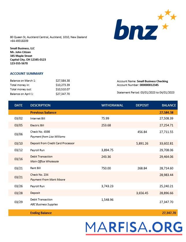 Premium BNZ Bank organization Konto Kontoauszug Word and PDF Vorlage