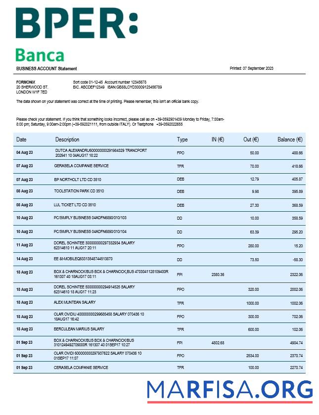 Bearbeitbar BPER Group organization Kontoauszug Word and PDF Vorlage