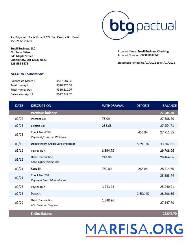 Bearbeitbar BTG Pactual Bank Geschäft checking Konto Kontoauszug Word and PDF Vorlage
