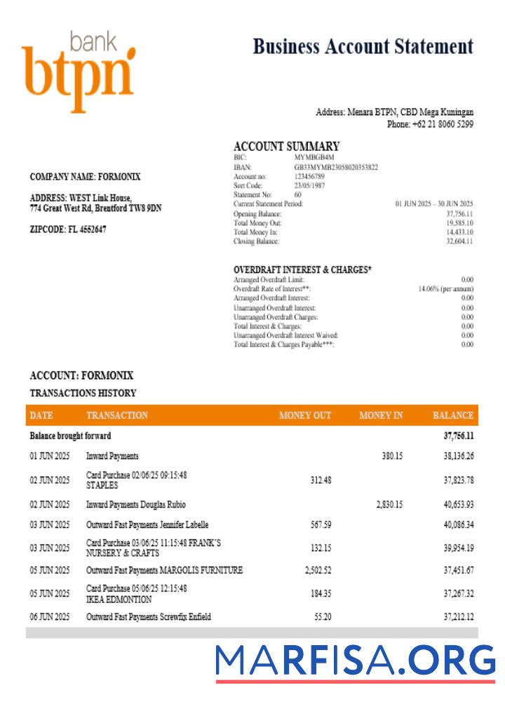 BTPN Geschäft Bank Kontoauszug Word and PDF Format Probe