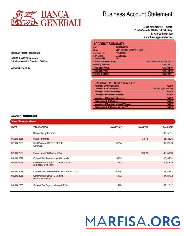 Hohe Qualität Banca Generali organization checking Konto Kontoauszug Word and PDF Vorlage