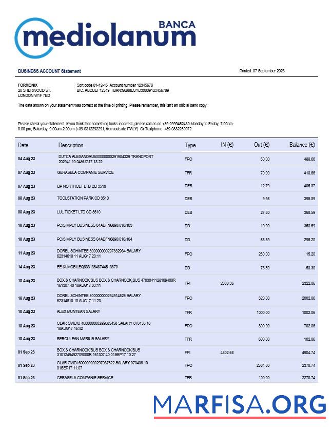 Hohe Qualität Banca Mediolanum firm Konto Kontoauszug Word and PDF Vorlage