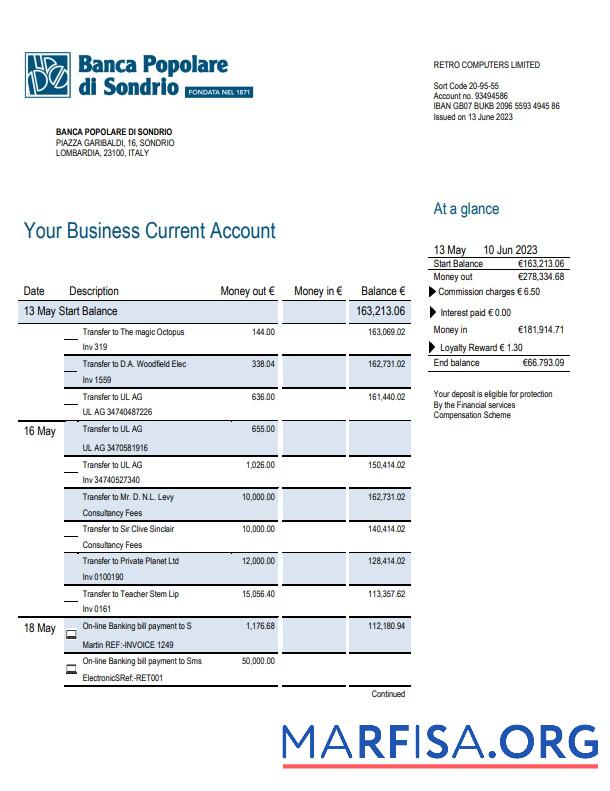 Hohe Qualität Banca Populaire di Sondrio Geschäft Bank Kontoauszug Word and PDF Vorlage