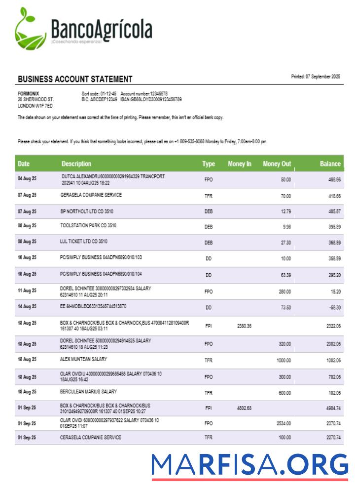Bearbeitbar Banco Agricola Geschäft Konto Kontoauszug Word and PDF Vorlage