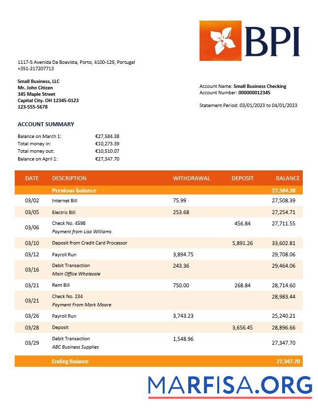 Professionell Banco BPI firm Konto Kontoauszug Word and PDF Vorlage