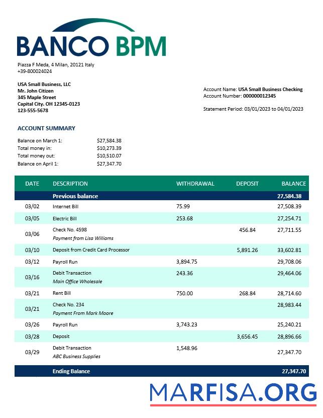 Bearbeitbar Banco BPM enterprise Kontoauszug Word and PDF Vorlage