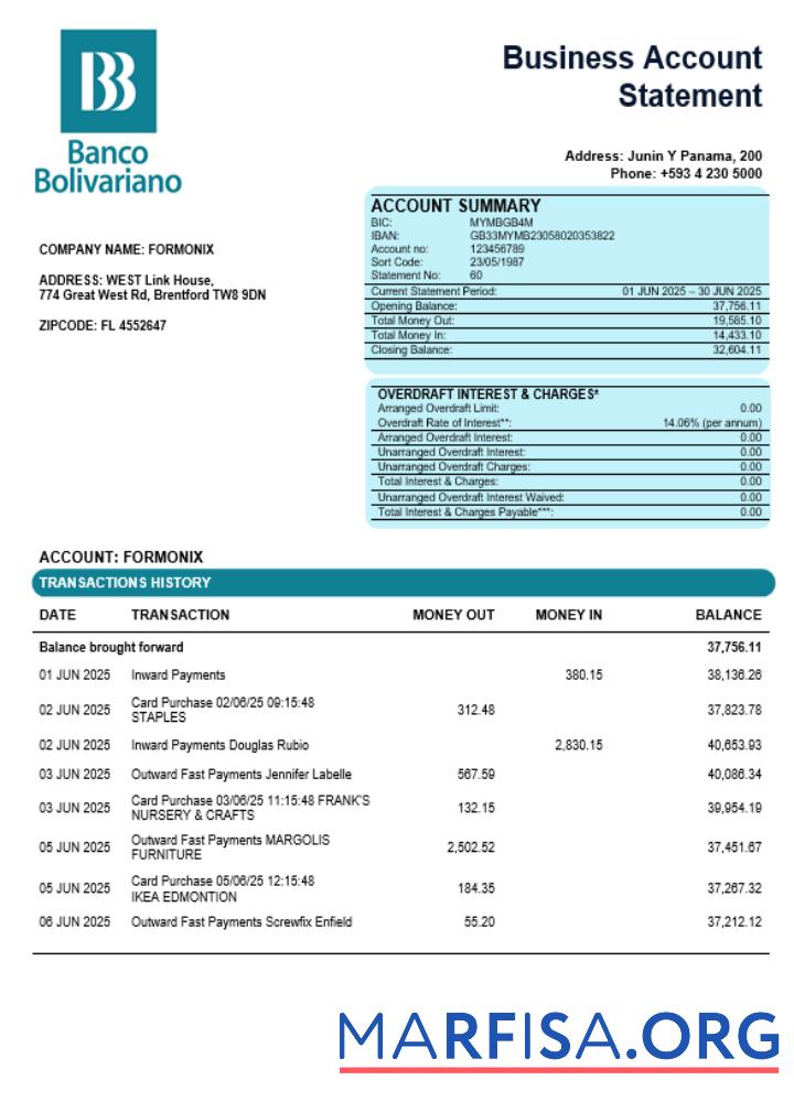 Banco Bolivariano Unternehmen Kontoauszug Word and PDF Format Vorschau
