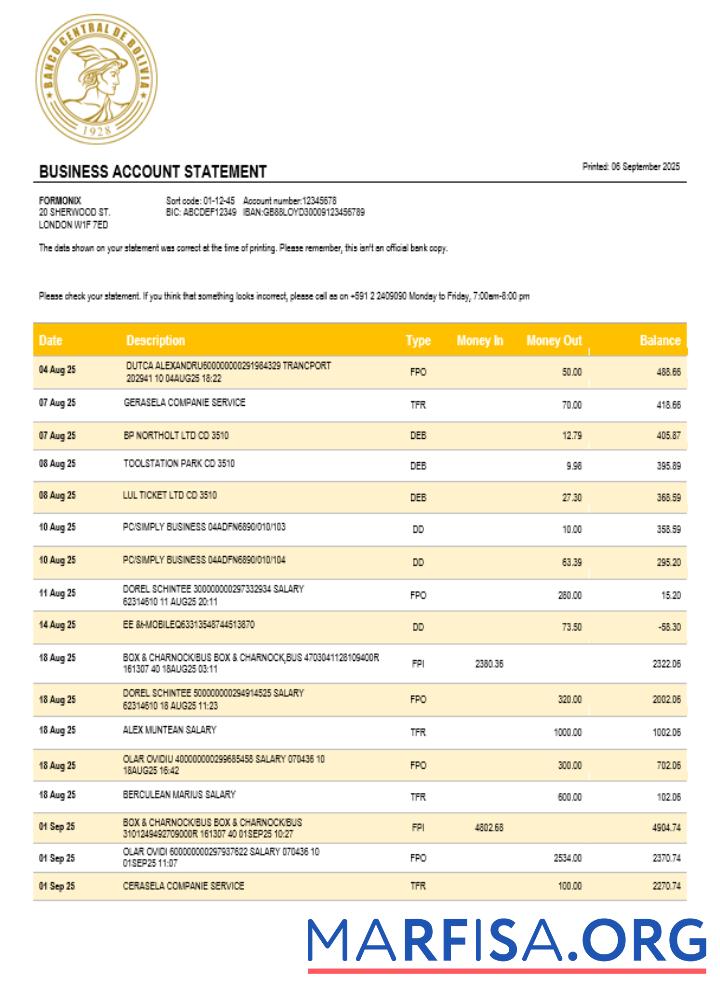 Banco Central de Bolivian enterprise Kontoauszug Word and PDF Format Mockup