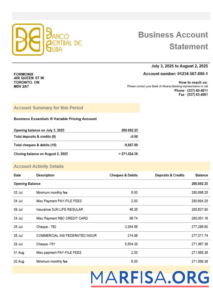 Banco Central de Cuban Bank Geschäft firm Konto Kontoauszug Word snd PDF Format Vorlage
