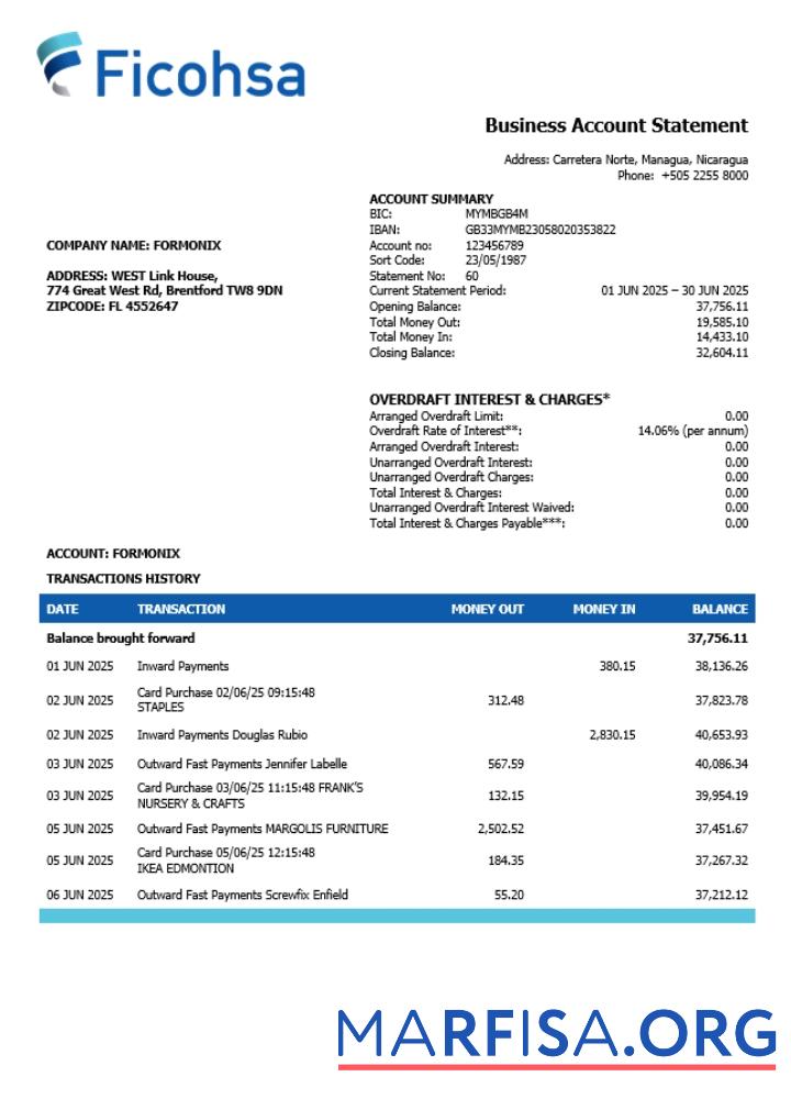 Banco Ficohsa Geschäft Bank Kontoauszug Word and PDF Format (1) Vorlage