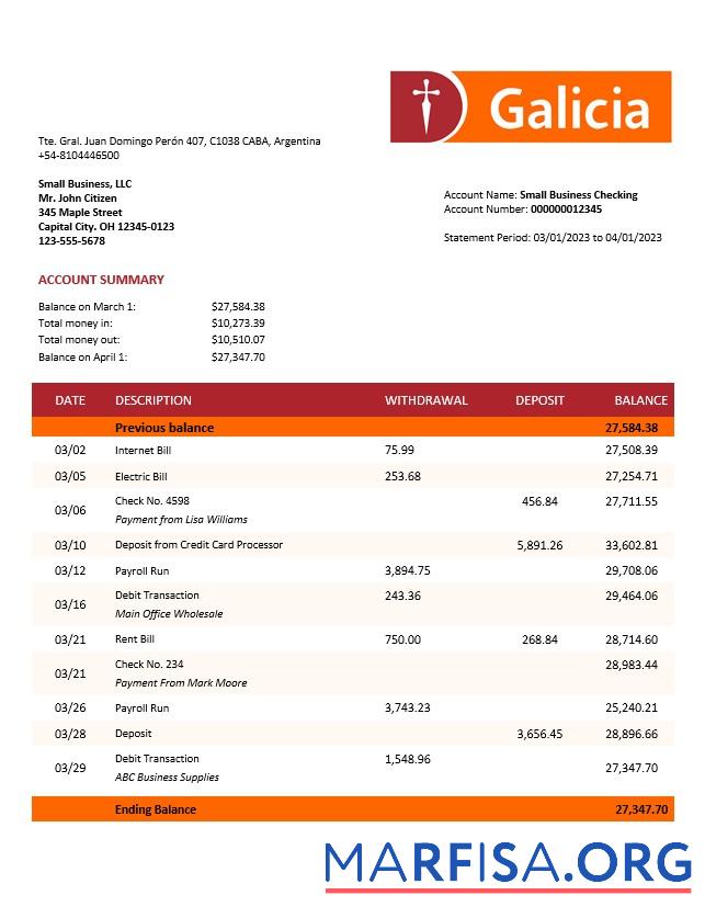 Realistisch Banco Galicia Unternehmen Konto Kontoauszug Word and PDF Vorlage