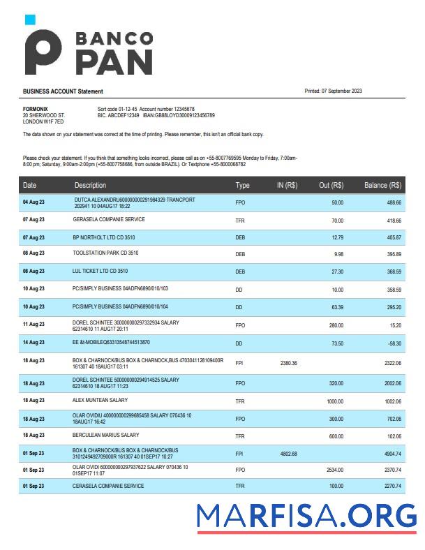 Hohe Qualität Banco Pan Bank firm Konto Kontoauszug Word and PDF Vorlage