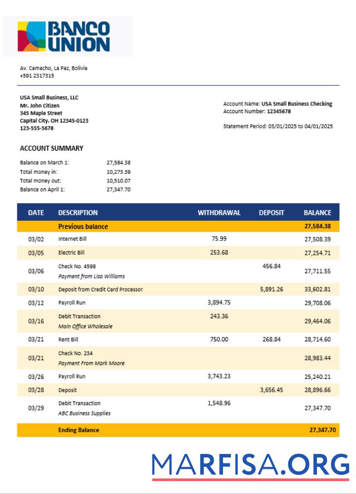 Banco Union Bank Geschäft firm Kontoauszug Word and PDF Format Vorschau