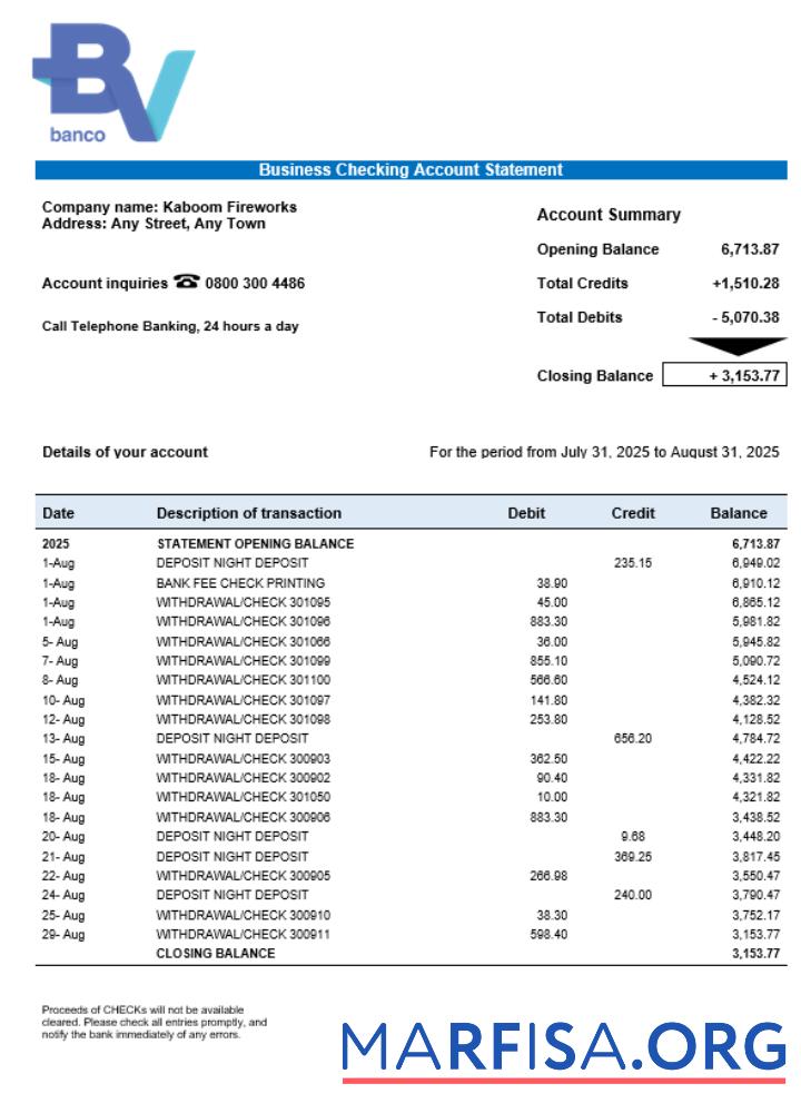 Bearbeitbar Banco Votorantim enterprise Konto Kontoauszug Word and PDF Vorlage