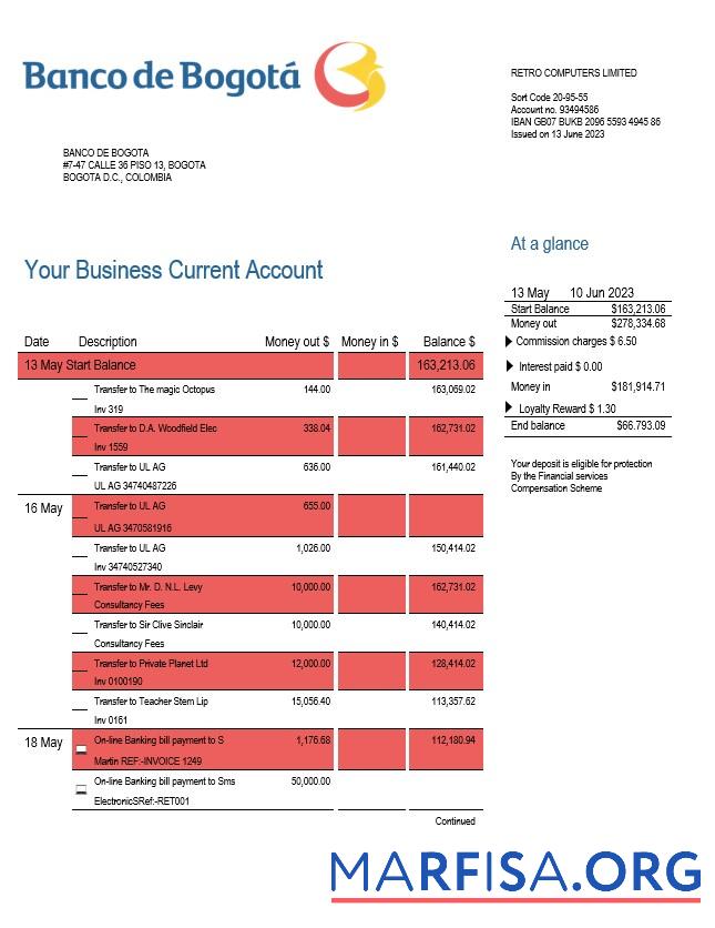 Realistisch Banco de Bogota╠ü enterprise Konto Kontoauszug Word and PDF Vorlage