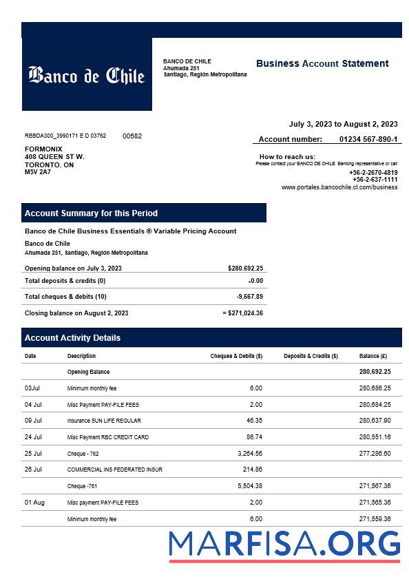 Professionell Banco de Chile organization Kontoauszug Word and PDF Vorlage