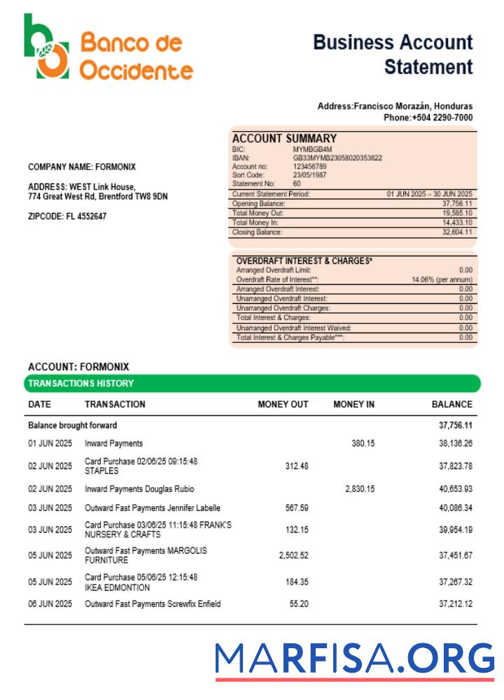 Bearbeitbar Banco de Occidente firm Konto Kontoauszug Word and PDF Vorlage