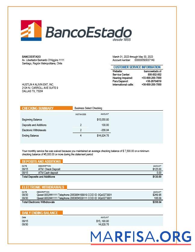 Premium Banco del Estado de Chille organization Kontoauszug Word and PDF Vorlage