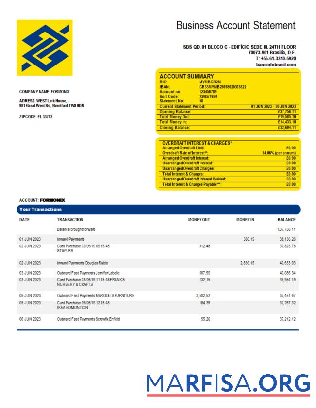 Bearbeitbar Banco do Brasil Bank organization Konto Kontoauszug Word and PDF Vorlage
