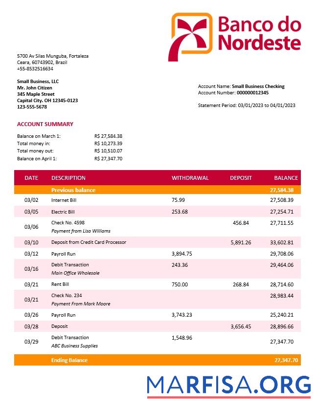 Bearbeitbar Banco do Nordeste firm Konto Kontoauszug Word and PDF Vorlage