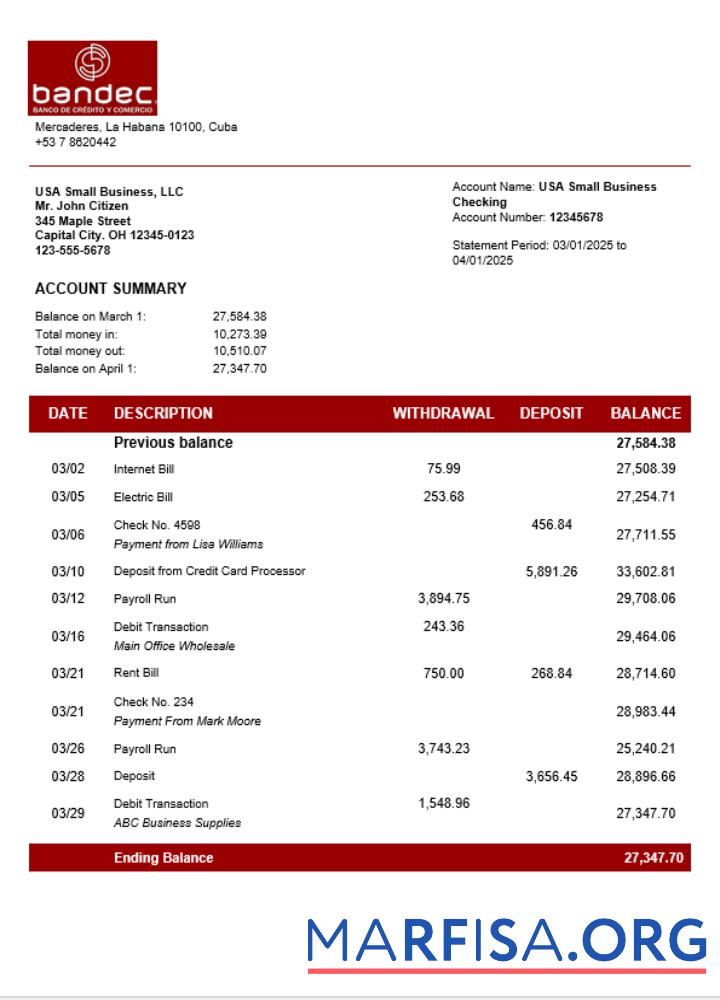 Bandec Banco de Credito y Comercio Geschäft firm Konto Bank Kontoauszug Word and PDF Format Probe