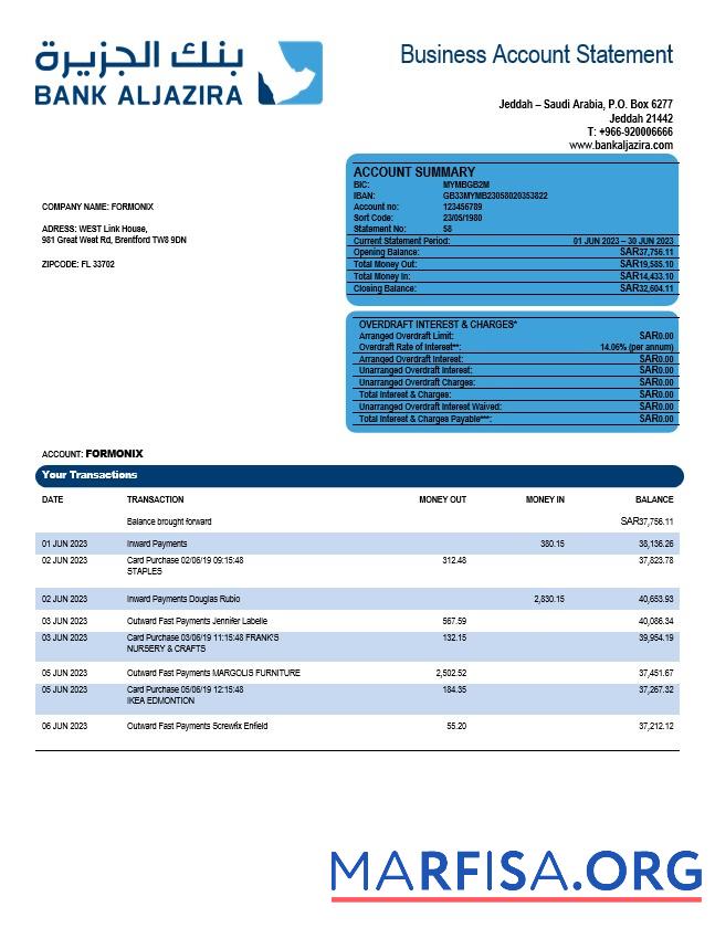 Hohe Qualität Bank AlJazira firm Konto Kontoauszug Word and PDF Vorlage