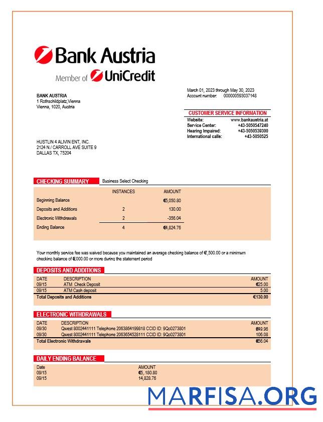 Realistisch Bank Österreich organization Kontoauszug Word and PDF Vorlage