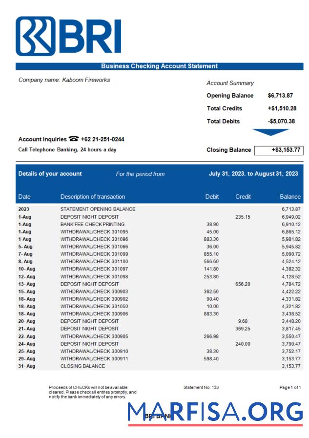 Professionell Bank BRI Geschäft Bank Kontoauszug Word and PDF Vorlage