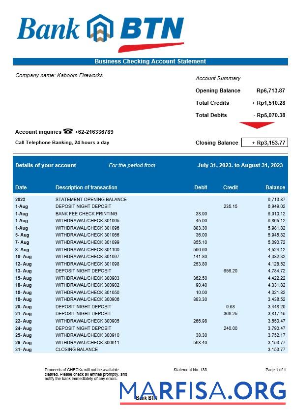 Bearbeitbar Bank BTN Unternehmen Konto Kontoauszug Word and PDF Vorlage