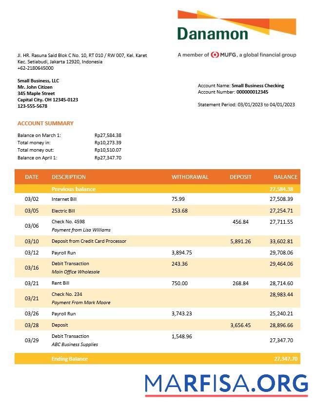 Realistisch Bank Danamon enterprise Konto Kontoauszug Word and PDF Vorlage